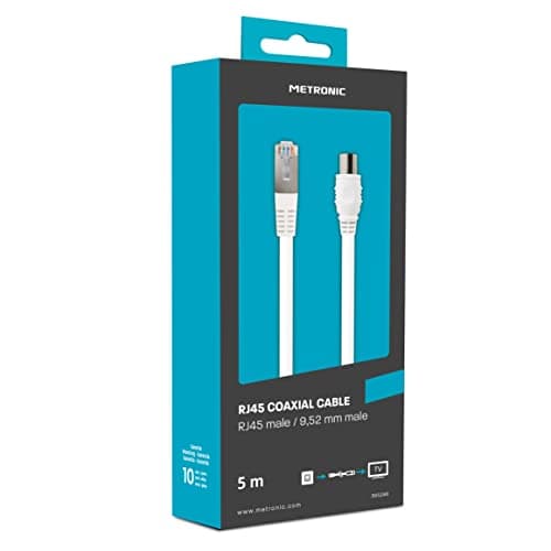 Metronic Câble RJ45 Coaxial 5m Blindé à Contacts Dorés pour Réception TV Satellite Décodeur Antenne - Prise Mâle/Male 9,