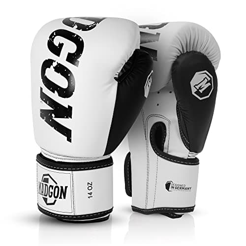 Gants de Boxe MADGON pour Arts Martiaux, Haute Qualité pour Sparring, Absorption Optimum des Chocs, Sacoche Incluse — Blanc/Noir