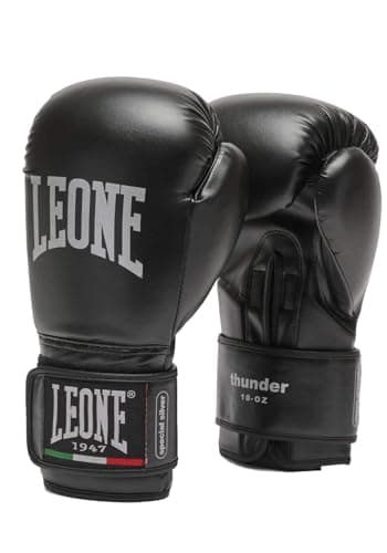 Leone Boxe Gloves GN383 01 Thunder Noir (8) - Étui en Cuir Synthétique, Confort Professionnel pour Boxeurs, Modèle Spéci
