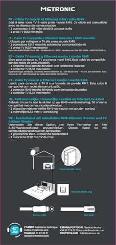 Metronic Câble RJ45 Coaxial 5m Blindé à Contacts Dorés pour Réception TV Satellite Décodeur Antenne - Prise Mâle/Male 9,