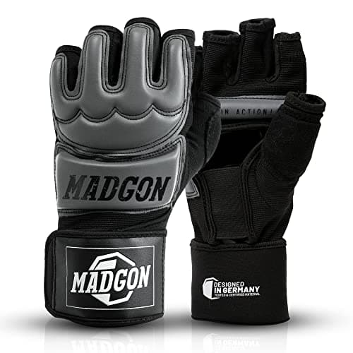 MADGON Gants MMA Pro - Pour Entraînement et Combat Libre (Beginners & Experts) – Doublure Respirante et Renforts Résista — Noir/Gris