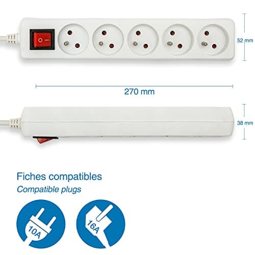 Velamp Bloc Multiprise 10/16A avec Interrupteur - 5 Prises, 3G1mm2 Câble, Électrique Sûr pour Maison Bureau, Prise Multi