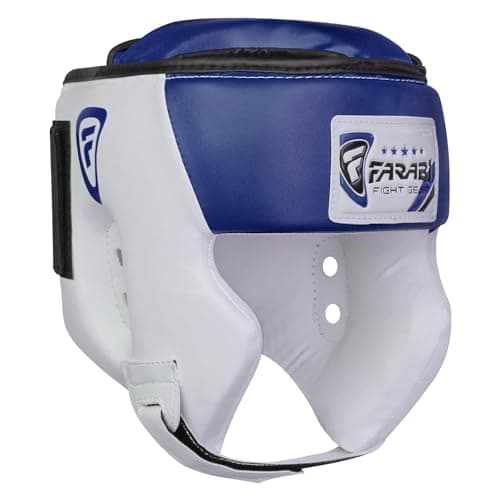 Farabi Sports Casque de Boxe avec Sangle réglable - Protection de tête pour Muay Thai, Sparring, Arts Martiaux - Casque — White/Blue