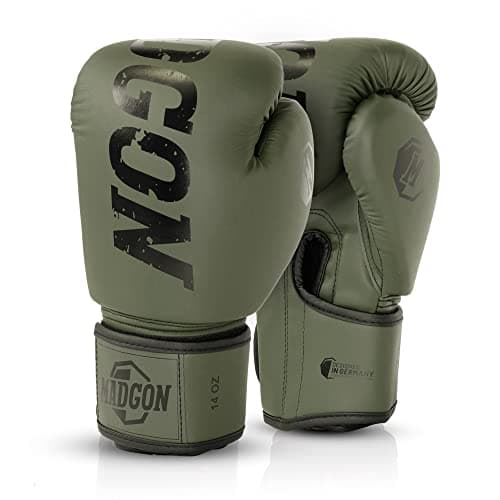 Gants de Boxe MADGON pour Arts Martiaux, Haute Qualité pour Sparring, Absorption Optimum des Chocs, Sacoche Incluse