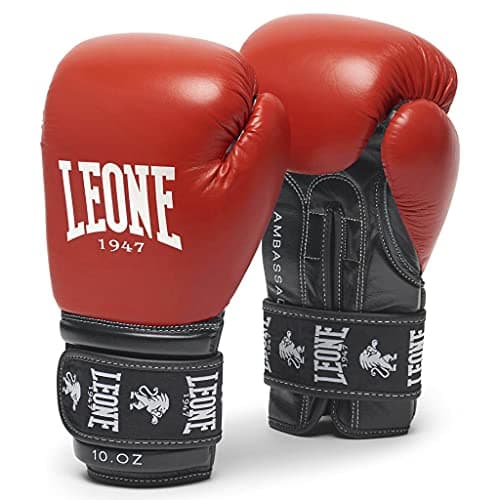 LEONE 1947 Gants de Boxe Mixte - Amortissement Élevé, 10 Oz, Noir, Cuir Souple, Pour Entraînement et Compétition — rouge