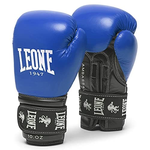 LEONE 1947 Gants de Boxe Mixte - Amortissement Élevé, 10 Oz, Noir, Cuir Souple, Pour Entraînement et Compétition — bleu