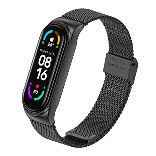 Bracelet Xiaomi Mi Band 5/Xiaomi Mi Band 6/7/4/3 en Nylon Tricoté Extensibles, Acier Inoxydable pour Accessoires — #8 Acier Inoxydable 1Pièces (Noir)