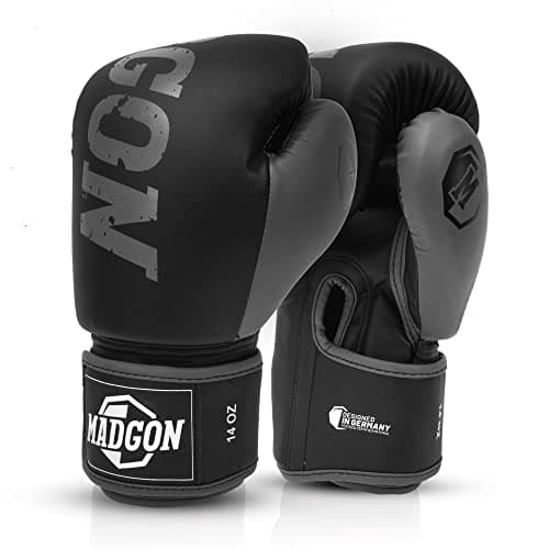 Gants de Boxe MADGON pour Arts Martiaux, Haute Qualité pour Sparring, Absorption Optimum des Chocs, Sacoche Incluse — Noir/Gris