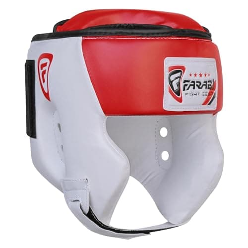 Farabi Sports Casque de Boxe avec Sangle réglable - Protection de tête pour Muay Thai, Sparring, Arts Martiaux - Casque — White/Red