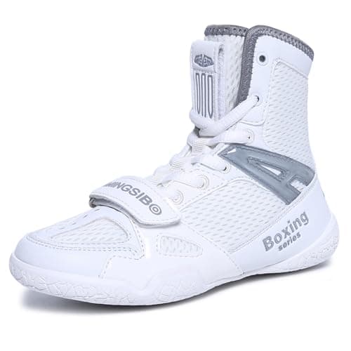 MINGSIBO Chaussures de Boxe Respirantes pour Homme - Boxe, Combat, Fitness, Bodybuilding — Blanc Gris Boxing