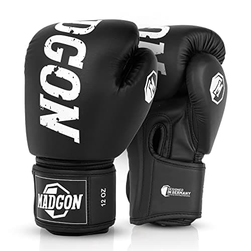 Gants de Boxe MADGON pour Arts Martiaux, Haute Qualité pour Sparring, Absorption Optimum des Chocs, Sacoche Incluse — Noir/Blanc