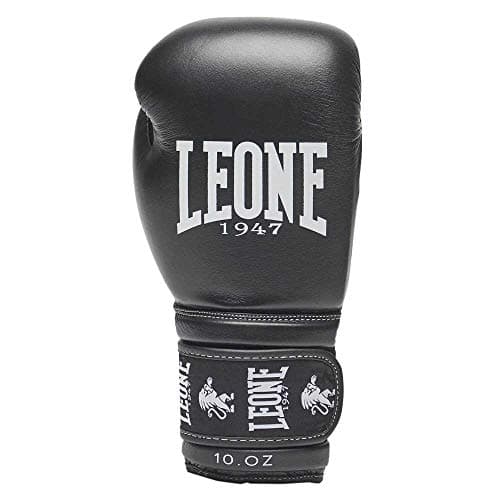 LEONE 1947 Gants de Boxe Mixte - Amortissement Élevé, 10 Oz, Noir, Cuir Souple, Pour Entraînement et Compétition