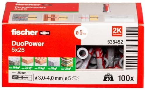 Cheville bi-matière et multi-matériaux DUOPOWER 5x25 - 100 Pièces - Ancrage Résistant pour Béton, Bois et Métal | Fische