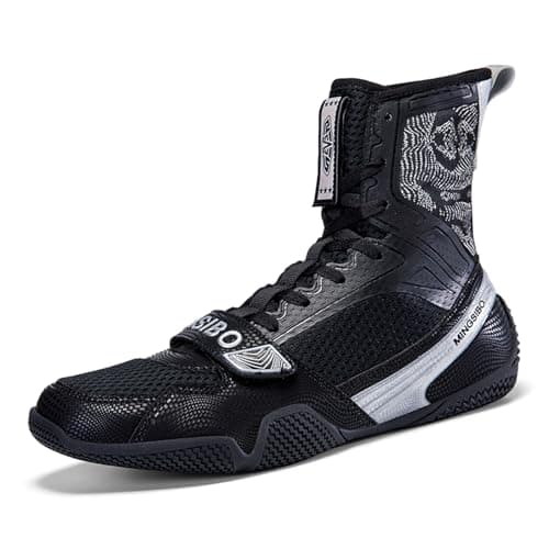 BLBK Chaussure de Boxe Anglaise Mixte Durable pour Lutte et Training High Performance — Argent Noir