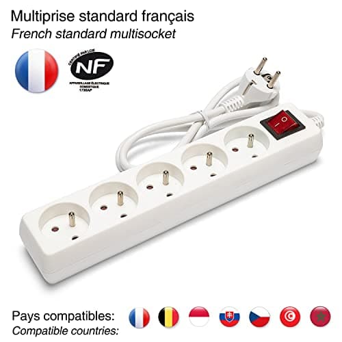 Velamp Bloc Multiprise 10/16A avec Interrupteur - 5 Prises, 3G1mm2 Câble, Électrique Sûr pour Maison Bureau, Prise Multi