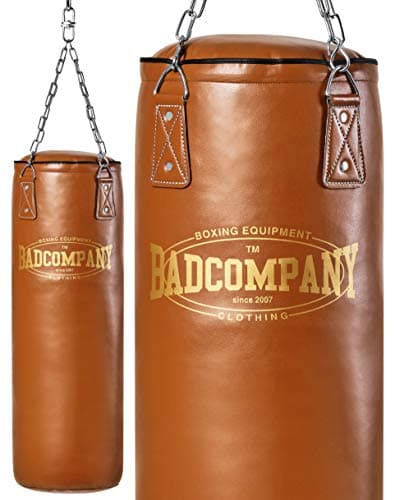 Bad Company Sac de boxe rétro I En cuir synthétique robuste I Marron I 150 x 35 cm I Chaîne en acier I 4 points I Idéal