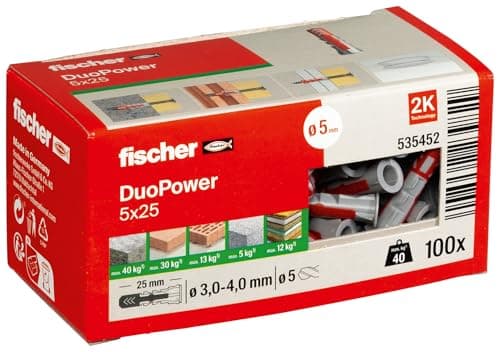 Cheville bi-matière et multi-matériaux DUOPOWER 5x25 - 100 Pièces - Ancrage Résistant pour Béton, Bois et Métal | Fische