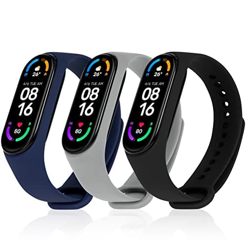 Bracelet Xiaomi Mi Band 5/Xiaomi Mi Band 6/7/4/3 en Nylon Tricoté Extensibles, Acier Inoxydable pour Accessoires — &9 Silicone 3Pièces (Noir/Gris/Bleu)