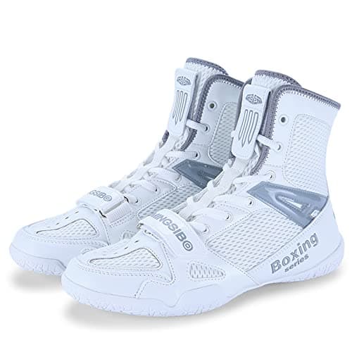 BLBK Chaussure de Boxe Anglaise Mixte Durable pour Lutte et Training High Performance — Blanc Gris