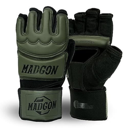MADGON Gants MMA Pro - Pour Entraînement et Combat Libre (Beginners & Experts) – Doublure Respirante et Renforts Résista — Olive/Noir