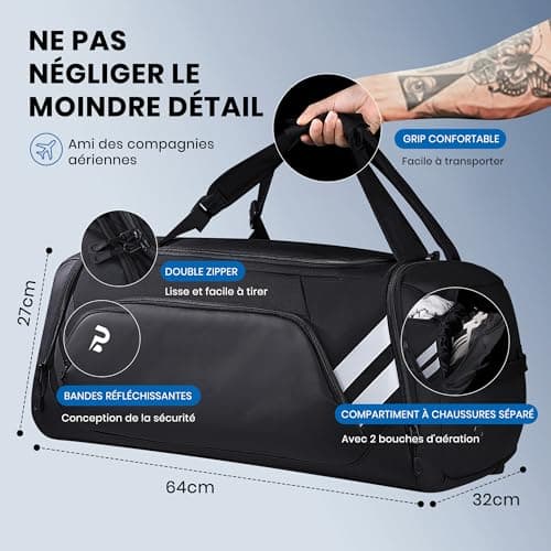 Sac de Voyage Waterproof 58L, Duffel Bag Week-End Homme Femme pour Gym Campings, Sac Sport avec Compartiments Zippés et