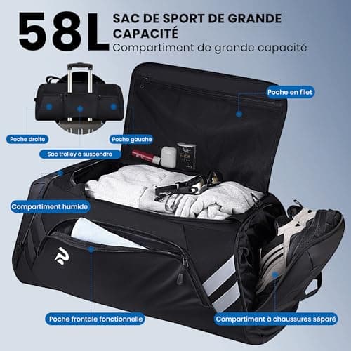 Sac de Voyage Waterproof 58L, Duffel Bag Week-End Homme Femme pour Gym Campings, Sac Sport avec Compartiments Zippés et