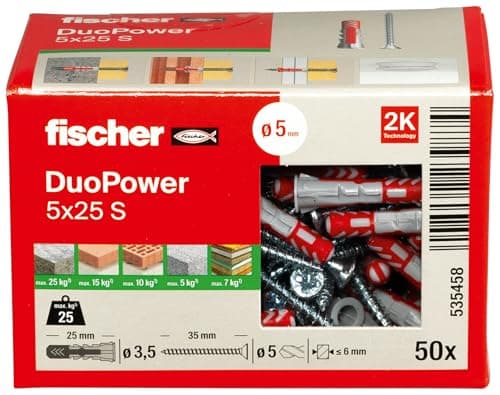 Cheville fischer bi-matière DUOPOWER 5x25 vis/Boîte de 50 pour tous les travaux maison