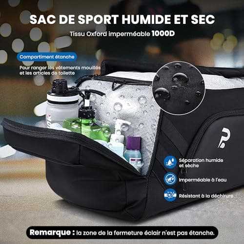 Sac de Voyage Waterproof 58L, Duffel Bag Week-End Homme Femme pour Gym Campings, Sac Sport avec Compartiments Zippés et