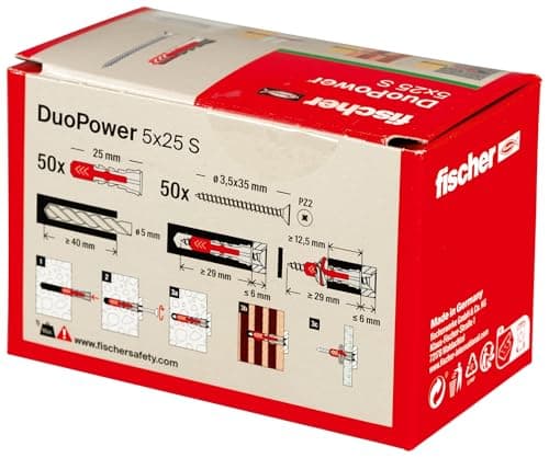 Cheville fischer bi-matière DUOPOWER 5x25 vis/Boîte de 50 pour tous les travaux maison