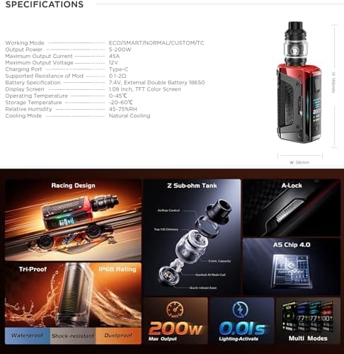 GEEKVAPE Aegis Legend 5 Kit pour vapoteurs avancés | Haute_performance 200W Aegis Legend 5 TC Box Mod + 5,5ml Z0.15 Sub-