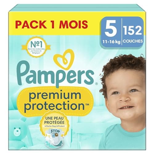 Chaussures Pampers Premium Protection Taille 5, 152 Couches, Idéal pour Enfants 11-16kg, Doux sur la Peau et Protection