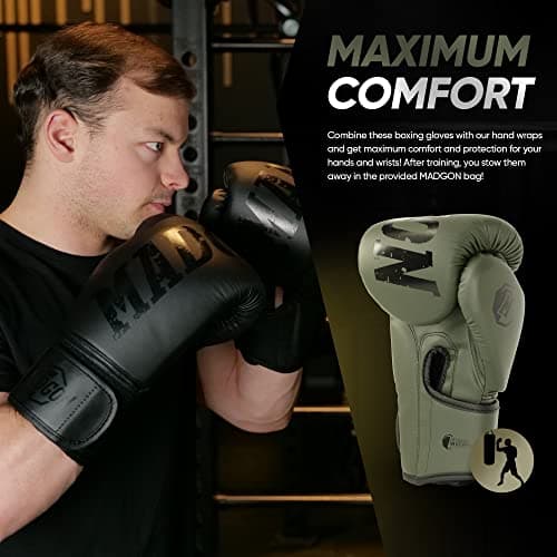 Gants de Boxe MADGON pour Arts Martiaux, Haute Qualité pour Sparring, Absorption Optimum des Chocs, Sacoche Incluse