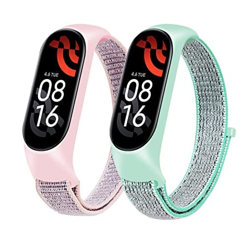 Bracelet Xiaomi Mi Band 5/Xiaomi Mi Band 6/7/4/3 en Nylon Tricoté Extensibles, Acier Inoxydable pour Accessoires — #6 Nylon 2Pièces (Vert/Rose)