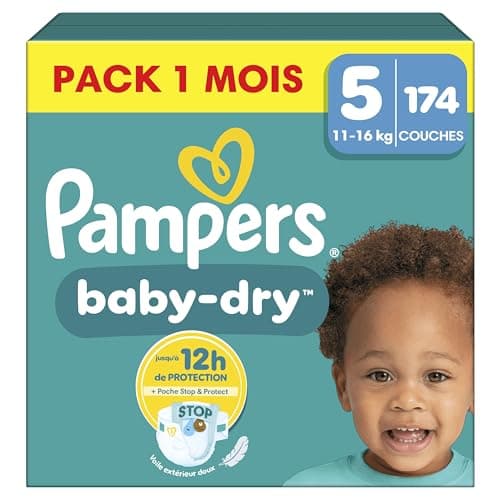 Pampers Baby-Dry Taille 5, 174 Couches, 11-16kg, 100% Sans Fuites avec Poche Stop & Protect, Pack 1 Mois, OEKO-TEX STAND