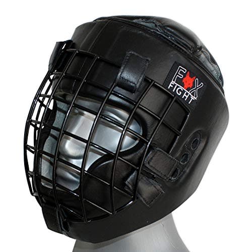 Fox-Fight Protege-Tête en Cuir véritable avec Grille Métallique pour MMA, Boxe et Kickboxing - Noir L-XL