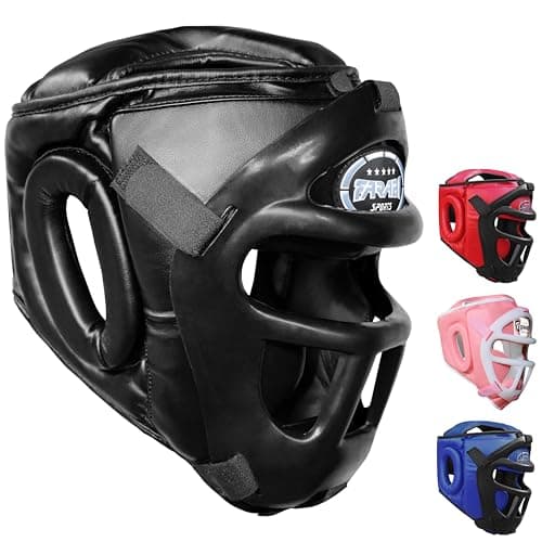 Casque de boxe 2-en-1 réglable avec grille faciale amovible pour art martial — Idéal pour MMA, Muay Thai, Kickboxing | H — Noir