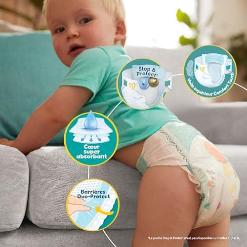 Pampers Baby-Dry Taille 5, 174 Couches, 11-16kg, 100% Sans Fuites avec Poche Stop & Protect, Pack 1 Mois, OEKO-TEX STAND