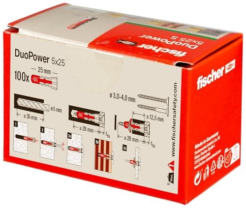 Cheville bi-matière et multi-matériaux DUOPOWER 5x25 - 100 Pièces - Ancrage Résistant pour Béton, Bois et Métal | Fische