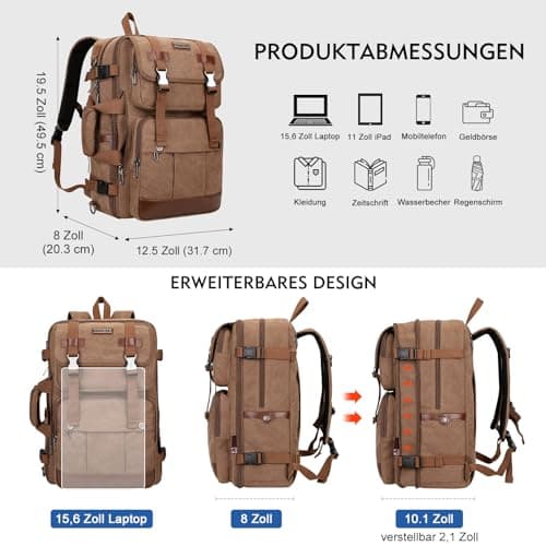 Sac à Dos WITZMAN Homme Voyage Vintage Marron Fit 18 Pouces OrdinateurPortable 3 en 1Global Recycled Standard