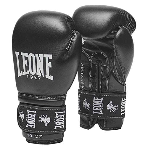 LEONE 1947 Gants de Boxe Mixte - Amortissement Élevé, 10 Oz, Noir, Cuir Souple, Pour Entraînement et Compétition