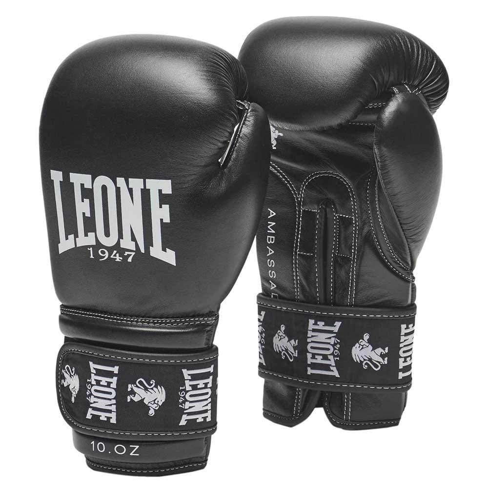 LEONE 1947 Gants de Boxe Mixte - Amortissement Élevé, 10 Oz, Noir, Cuir Souple, Pour Entraînement et Compétition