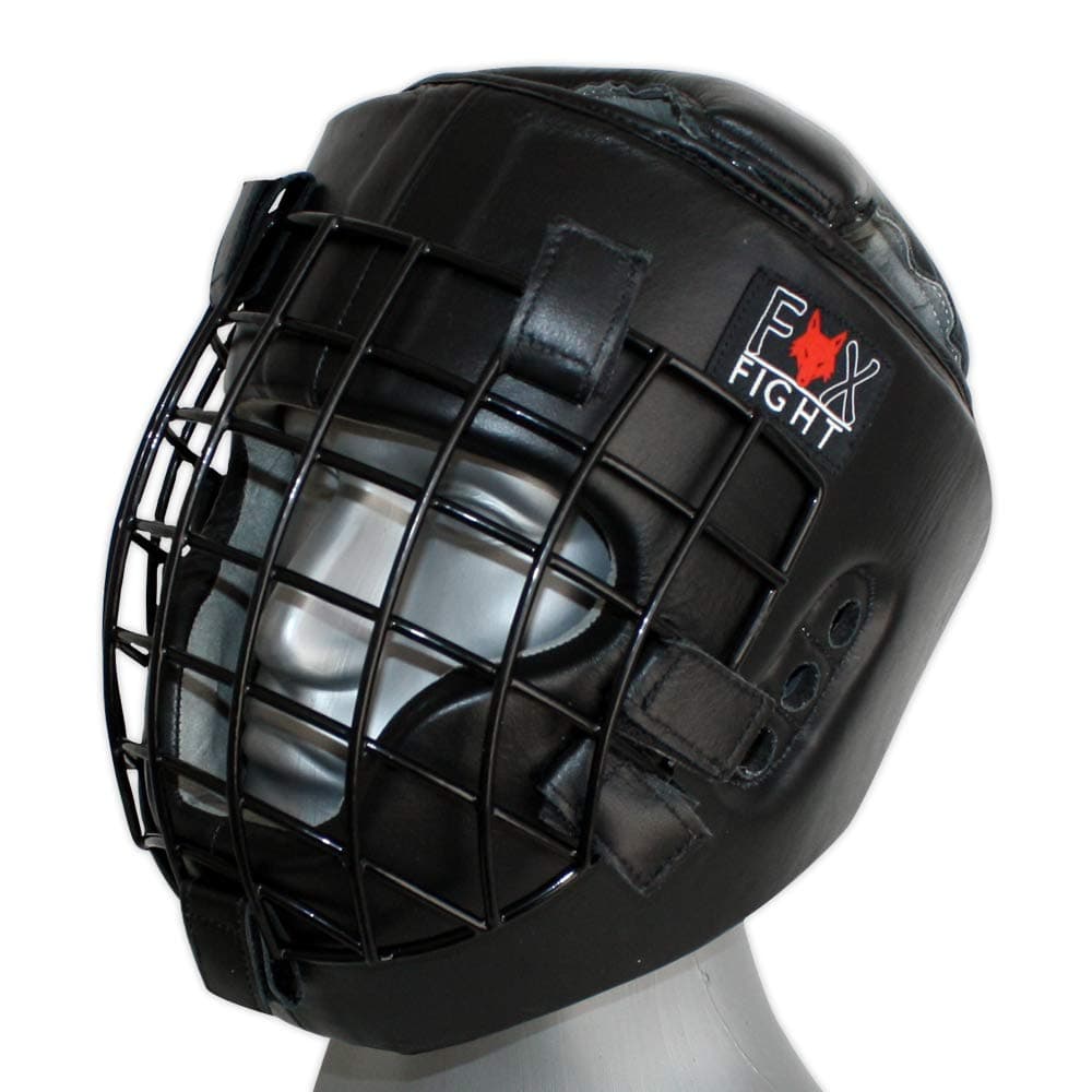 Fox-Fight Protege-Tête en Cuir véritable avec Grille Métallique pour MMA, Boxe et Kickboxing - Noir L-XL