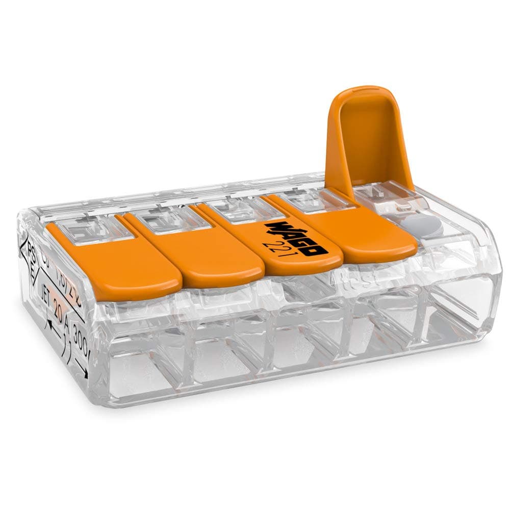 bornier Wago 221-415 5 voies transparent-orange pour professionnels usage industriel forte endurance et protection cont