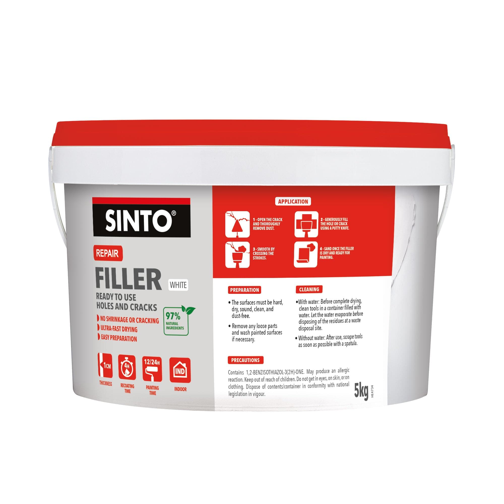 SINTO - Enduit Rebouchage Trous et Fissures - Séchage Rapide - Sans Retrait Ni Fissure - 97% Ingrédients Naturels - 5kg