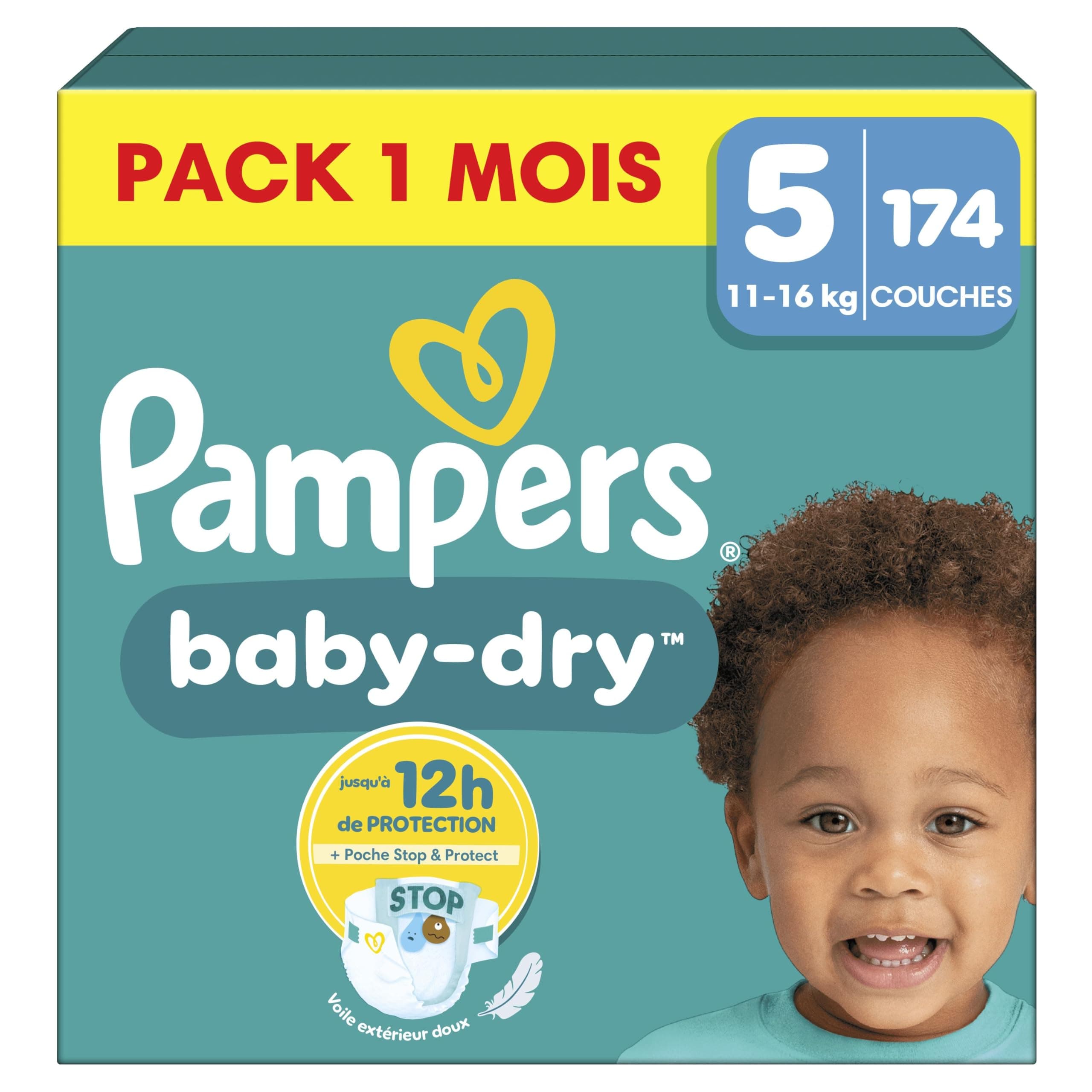 Pampers Baby-Dry Taille 5, 174 Couches, 11-16kg, 100% Sans Fuites avec Poche Stop & Protect, Pack 1 Mois, OEKO-TEX STAND
