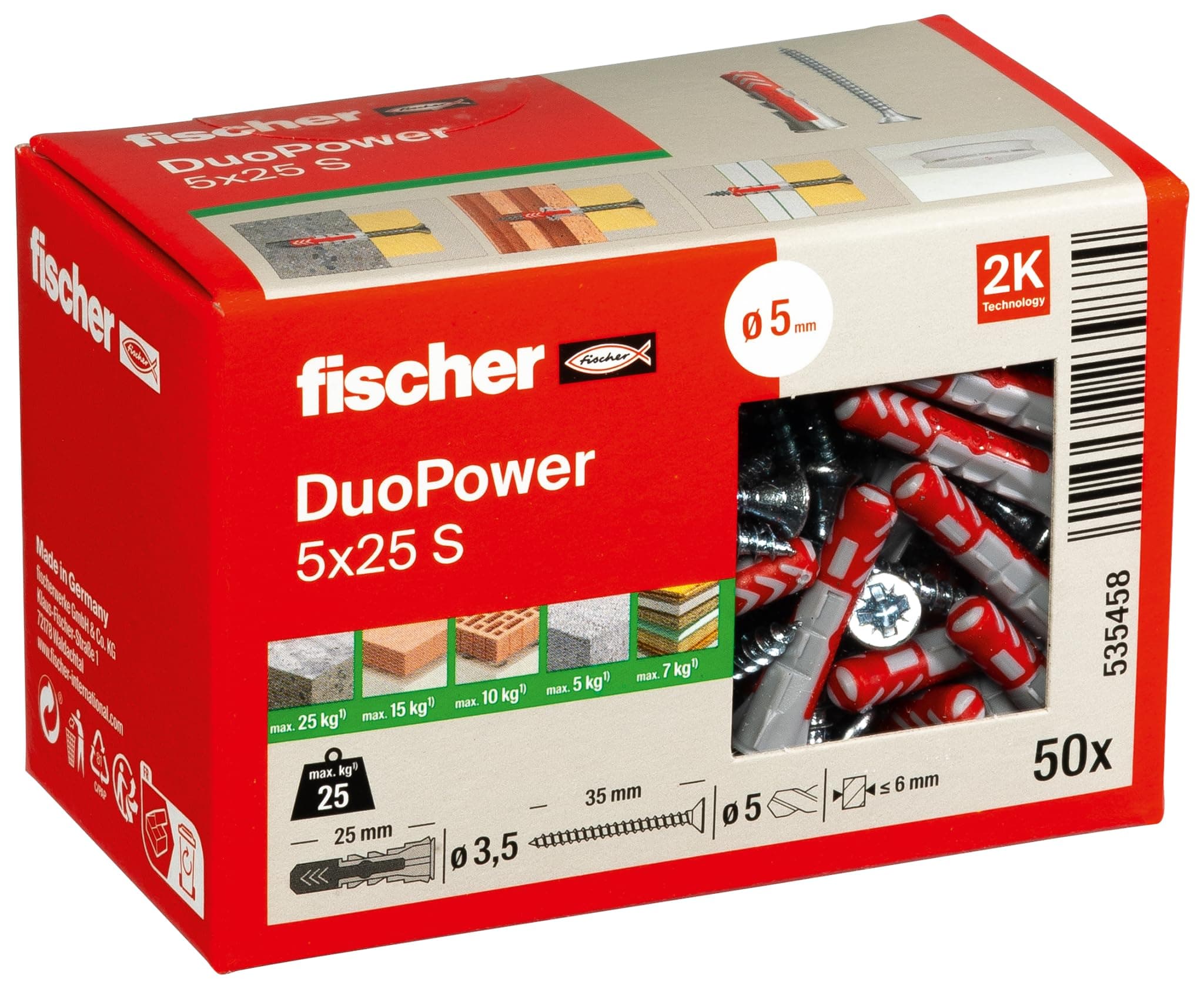 Cheville fischer bi-matière DUOPOWER 5x25 vis/Boîte de 50 pour tous les travaux maison