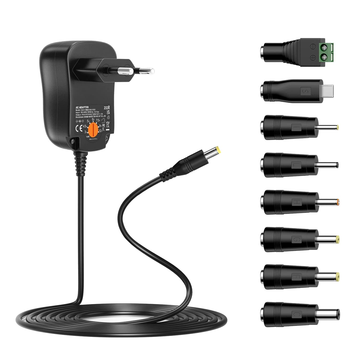 Bloc d'alimentation universel 24 W pour électronique domestique Avec 8 prises CC et capacité maximale de 2000 mA