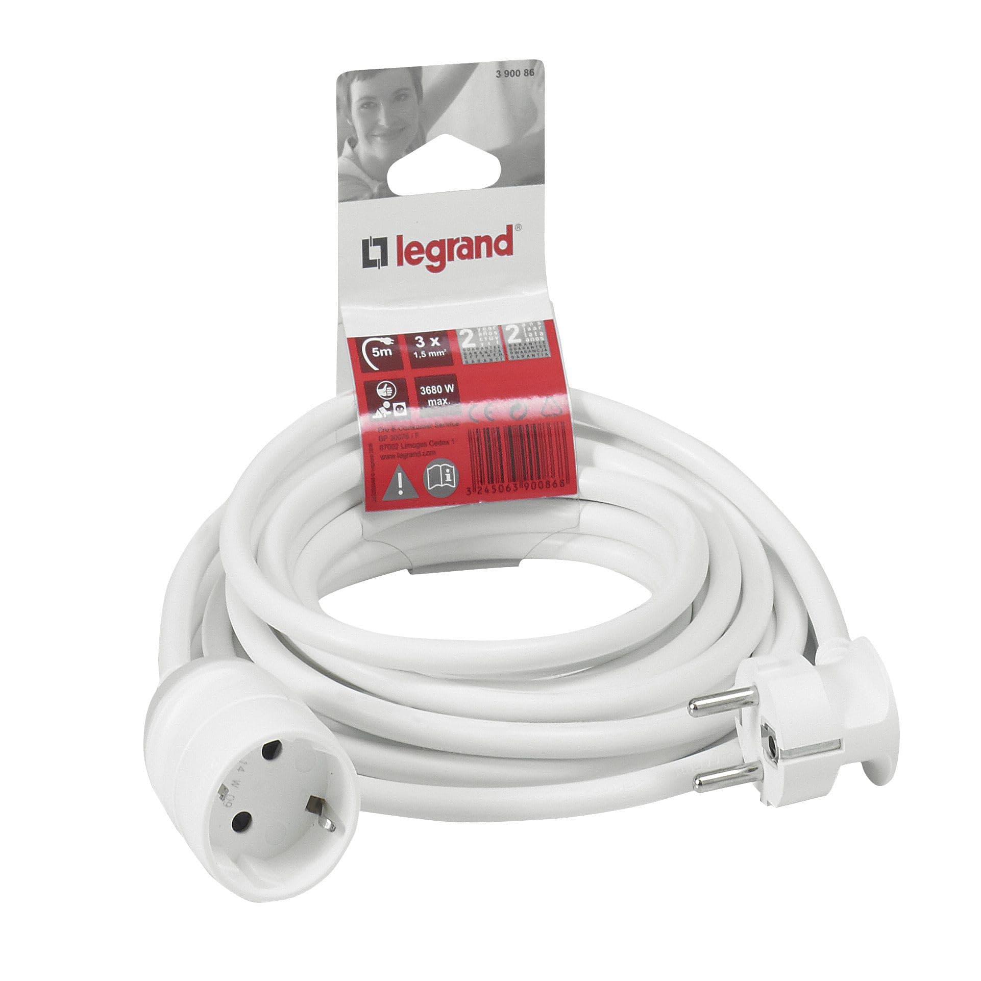 Legrand 390086 Extension cable avec contact de protection et coude intérieur, maximum 3680 W, 5m, blanc