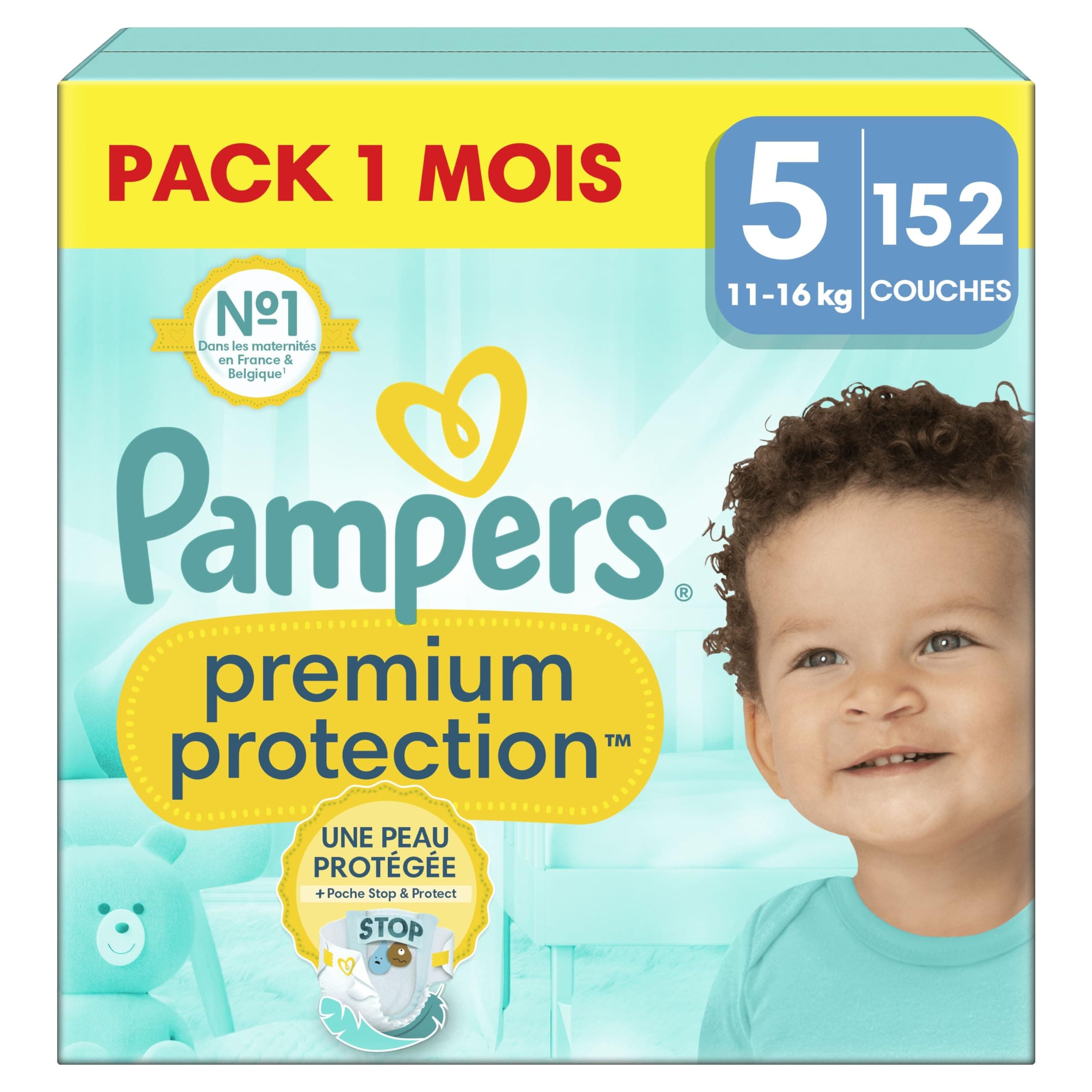 Chaussures Pampers Premium Protection Taille 5, 152 Couches, Idéal pour Enfants 11-16kg, Doux sur la Peau et Protection