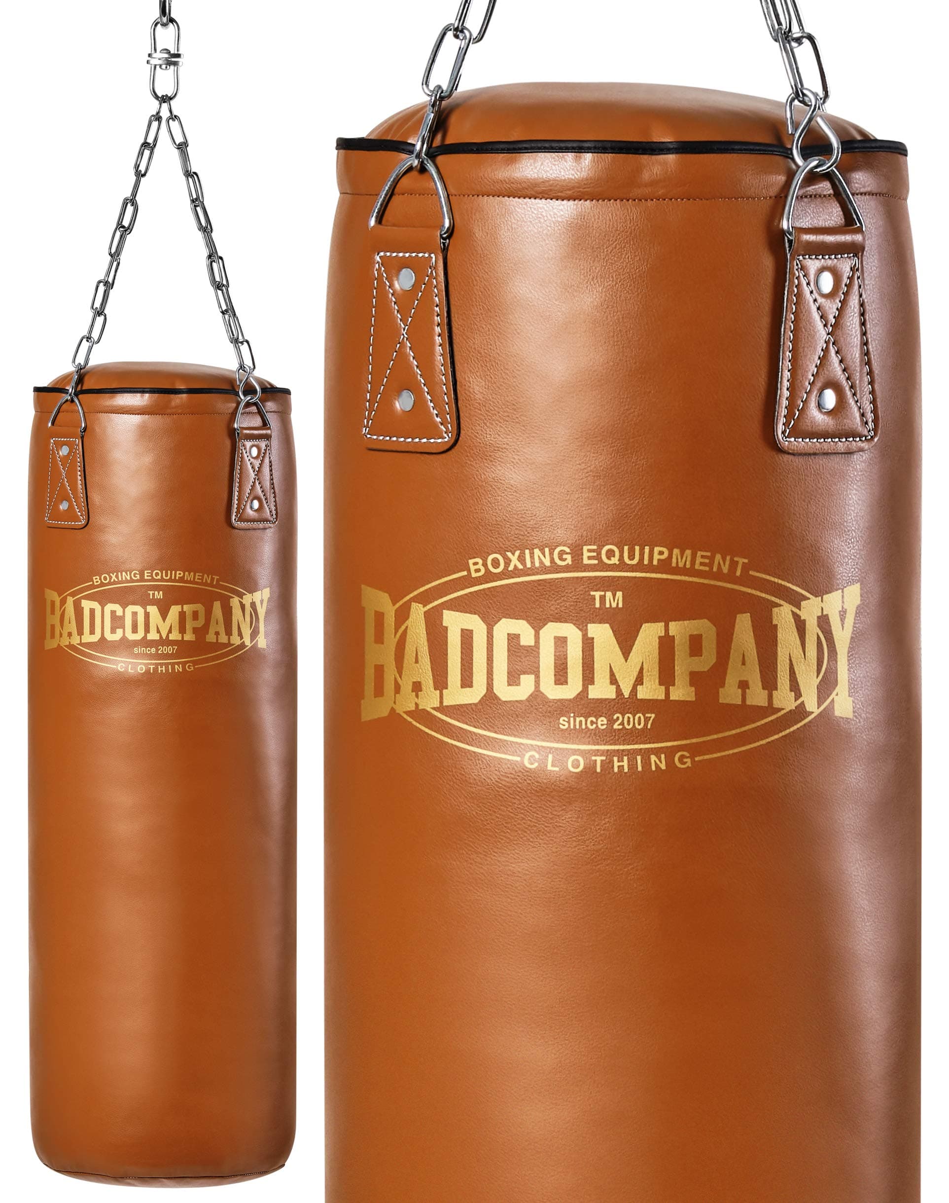 Bad Company Sac de boxe rétro I En cuir synthétique robuste I Marron I 150 x 35 cm I Chaîne en acier I 4 points I Idéal
